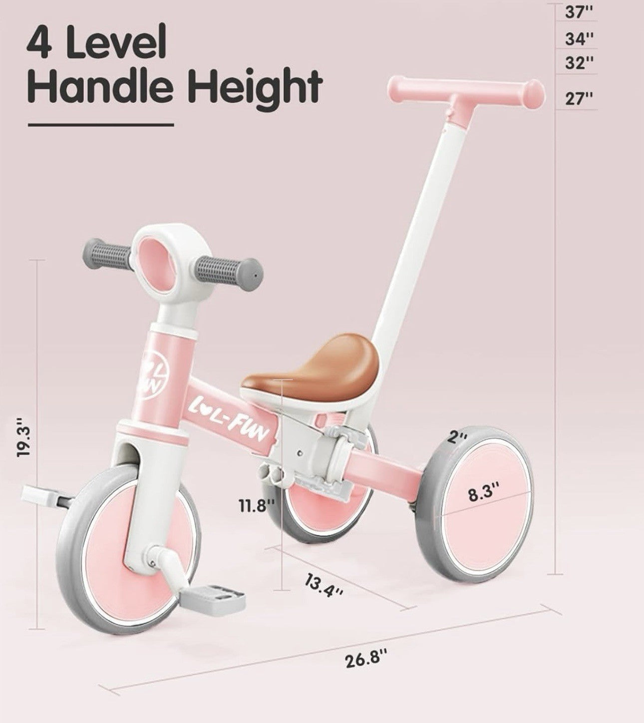 LOL-FUN Toddler Balance Bike 5-in-1 for 1-4 Years, Kids Tricycle w/ Push Handle