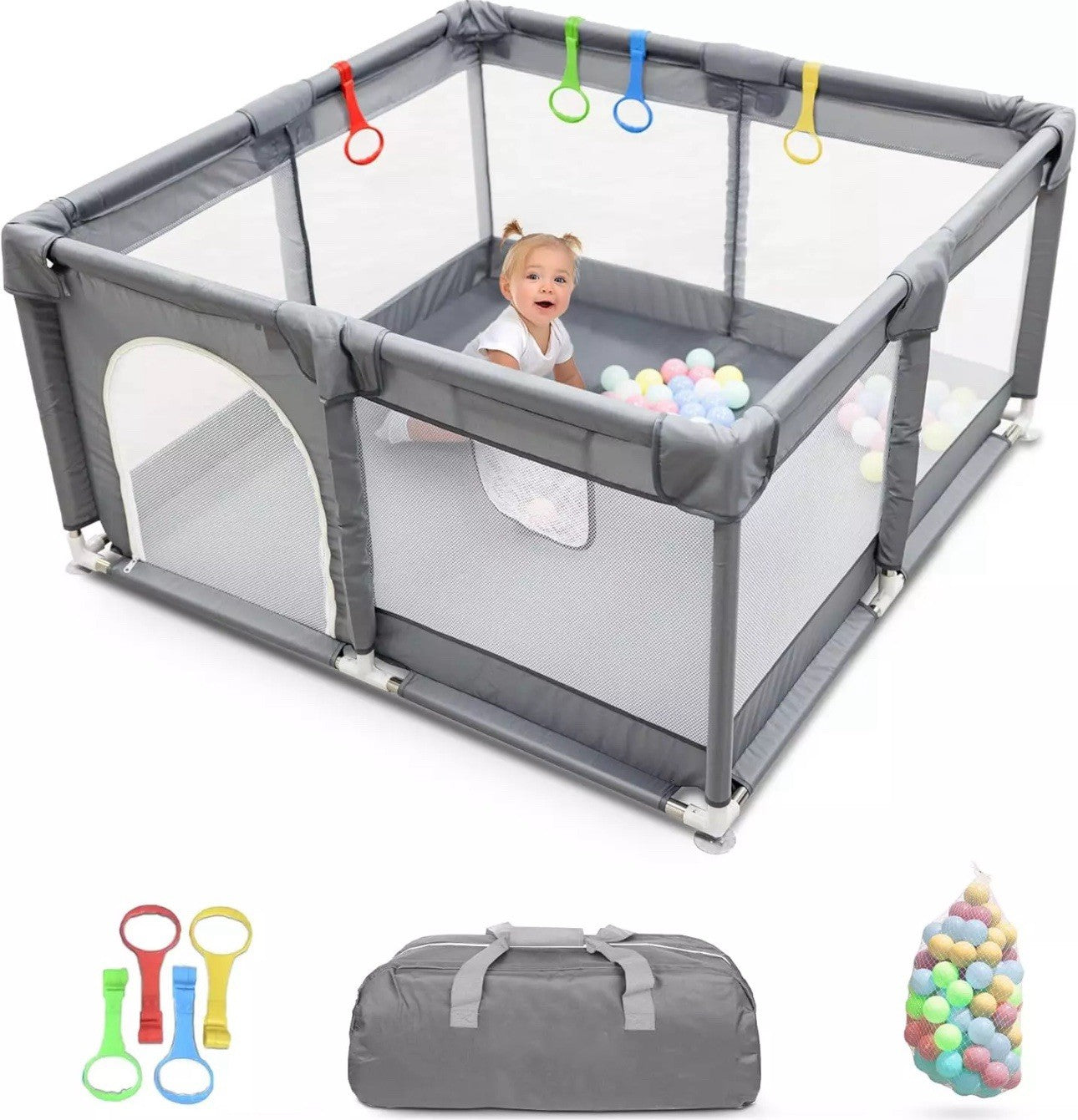 Baby Playpen with Padded Frame & Mesh Walls, Balls & Pull Rings Included 